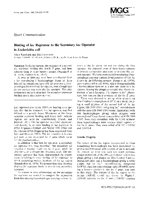 (PDF) Binding of lac repressor to the secondary lac operator in ...