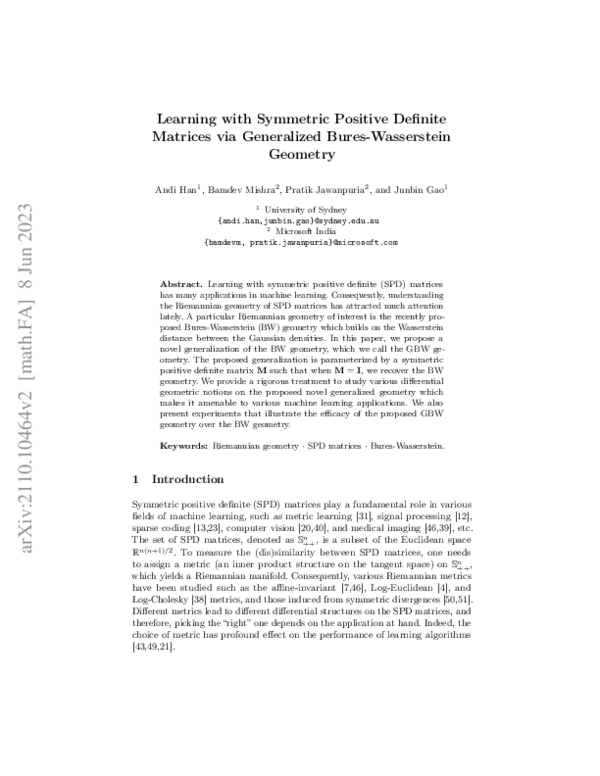 (PDF) Generalized Bures-Wasserstein Geometry for Positive Definite Matrices
