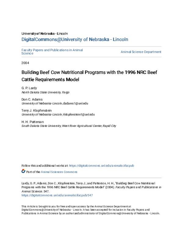 (PDF) Building beef cow nutritional programs with the 1996 NRC beef ...