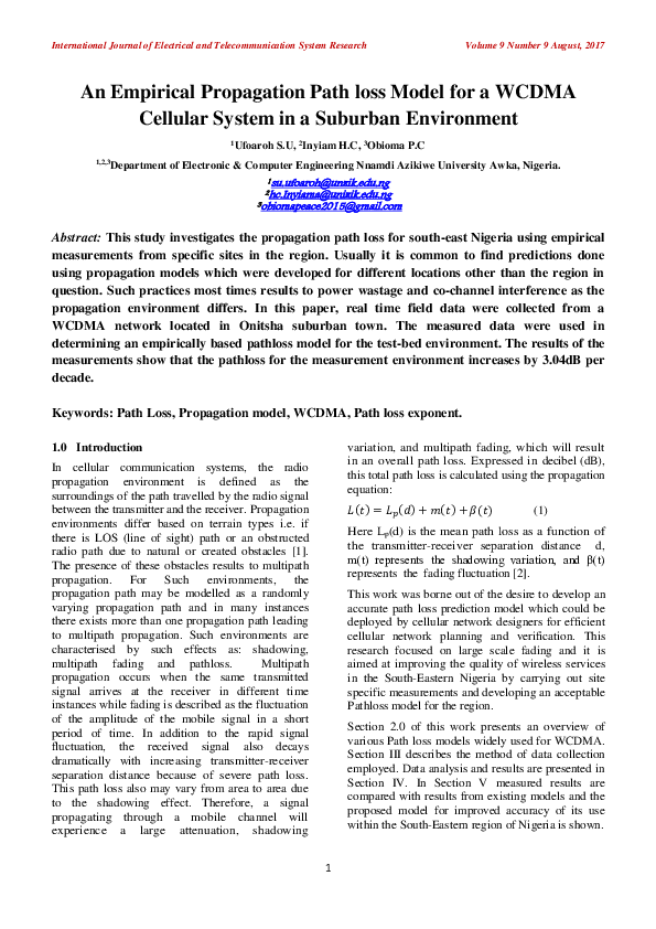 (PDF) An Empirical Propagation Path loss Model for a WCDMA Cellular ...
