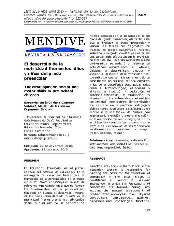 (PDF) The development and of fine motor skills in pre-school children