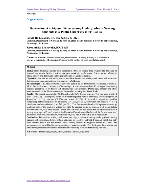 (PDF) Depression , Anxiety and Stress among Undergraduate Nursing ...