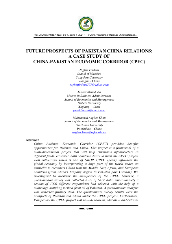 (PDF) Future Prospects of Pakistan China Relations: A Case Study of ...