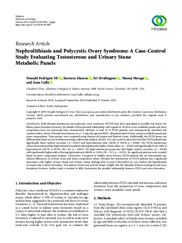 Nephrolithiasis and Polycystic Ovary Syndrome: A Case-Control Study Evaluating Testosterone and Urinary Stone Metabolic Panels