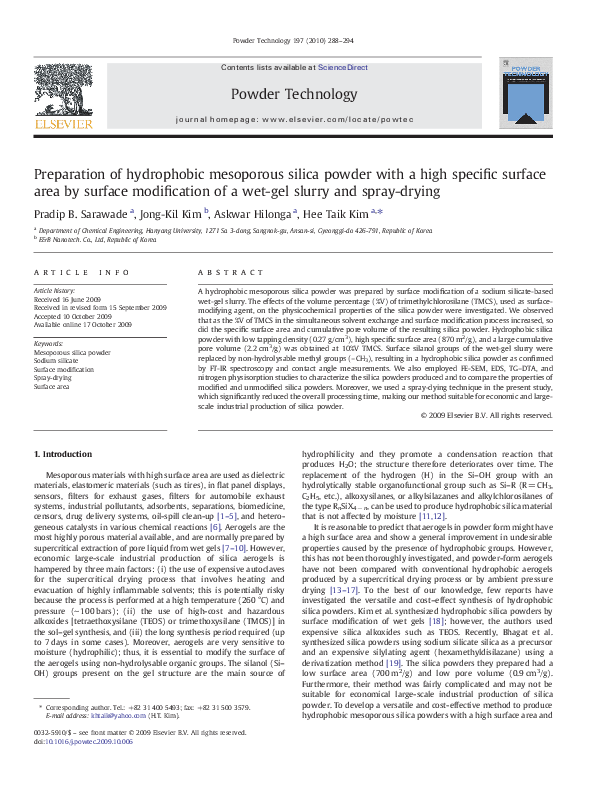(PDF) Preparation of hydrophobic mesoporous silica powder with a high ...