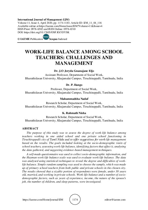 (PDF) WORK-LIFE BALANCE AMONG SCHOOL TEACHERS: CHALLENGES AND MANAGEMENT