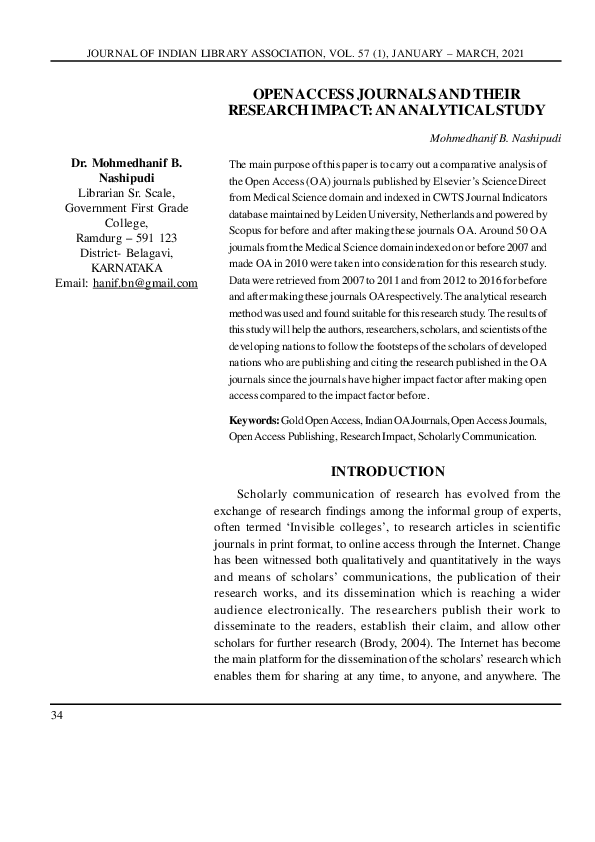 (PDF) OPEN ACCESS JOURNALS AND THEIR RESEARCH IMPACT: AN ANALYTICAL STUDY