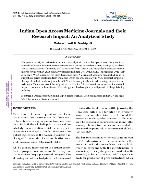 (PDF) Indian Open Access Medicine Journals and their Research Impact ...