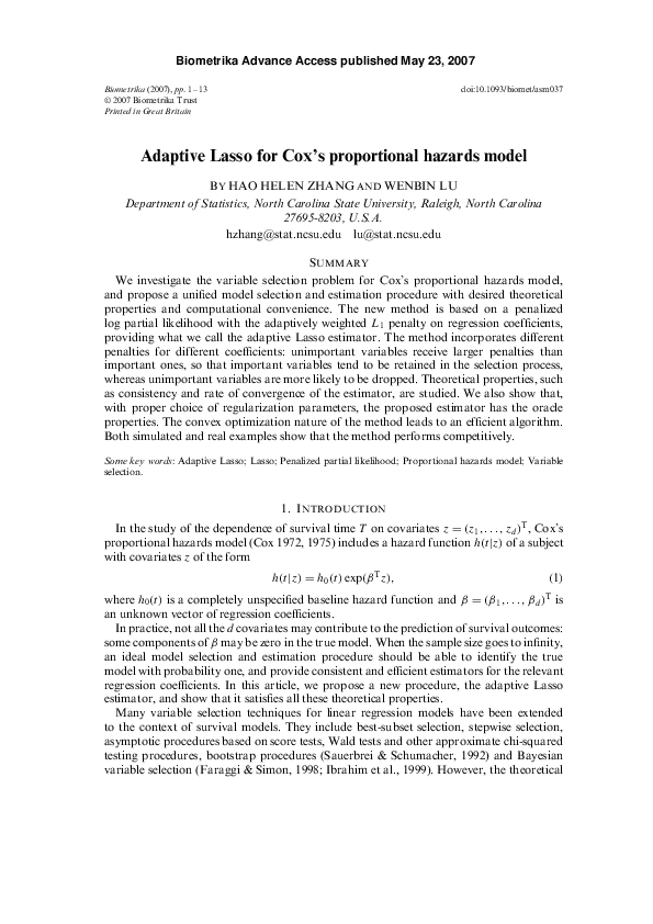 (PDF) Adaptive Lasso for Cox's proportional hazards model