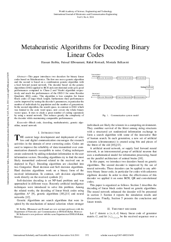 (PDF) Metaheuristic Algorithms for Decoding Binary Linear Codes