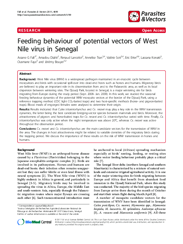 (PDF) Feeding behaviour of potential vectors of West Nile virus in Senegal