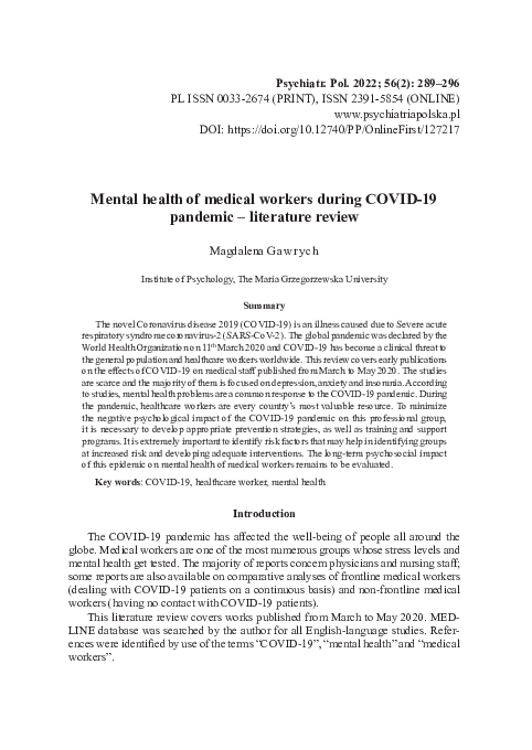 (PDF) Mental health of medical workers during COVID-19 pandemic ...