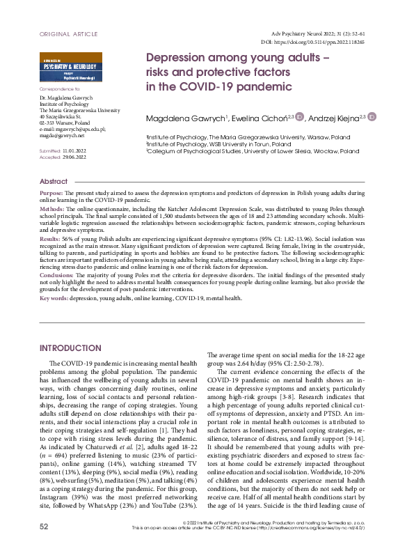 (PDF) Depression among young adults – risks and protective factors in ...