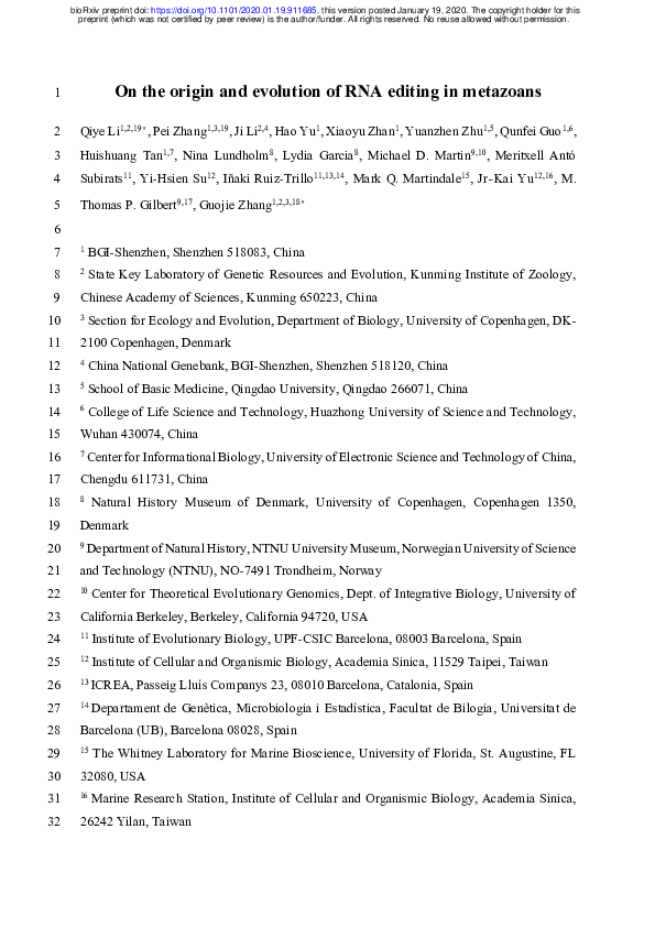 (PDF) On the origin and evolution of RNA editing in metazoans