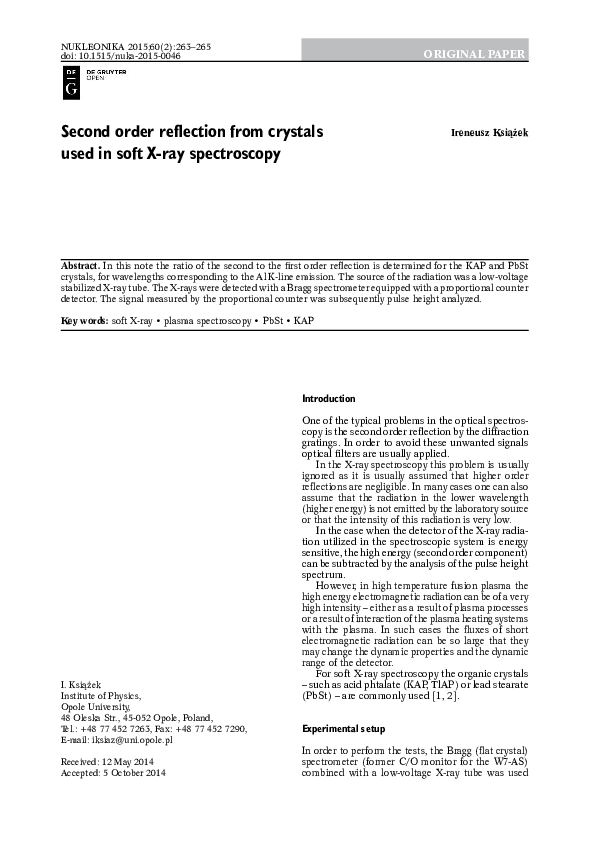 (PDF) Second order reflection from crystals used in soft X-ray spectroscopy