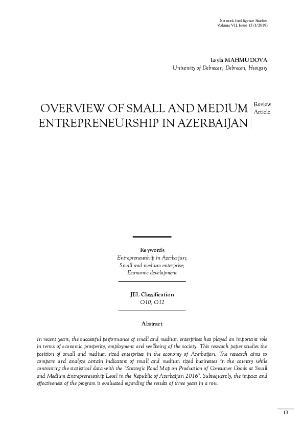 (PDF) Overview Of Small And Medium Entrepreneurship In Azerbaijan