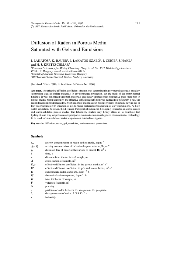 (PDF) Diffusion of Randon in Porous Media Saturated with Gels and Emulsions