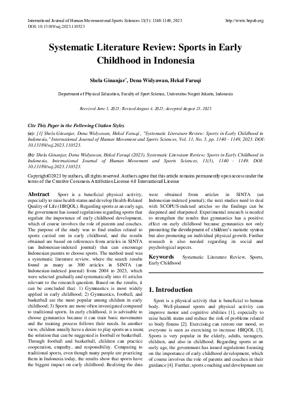 (PDF) Systematic Literature Review: Sports in Early Childhood in Indonesia