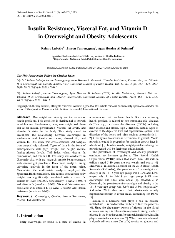 (PDF) Insulin Resistance, Visceral Fat, and Vitamin D in Overweight and ...