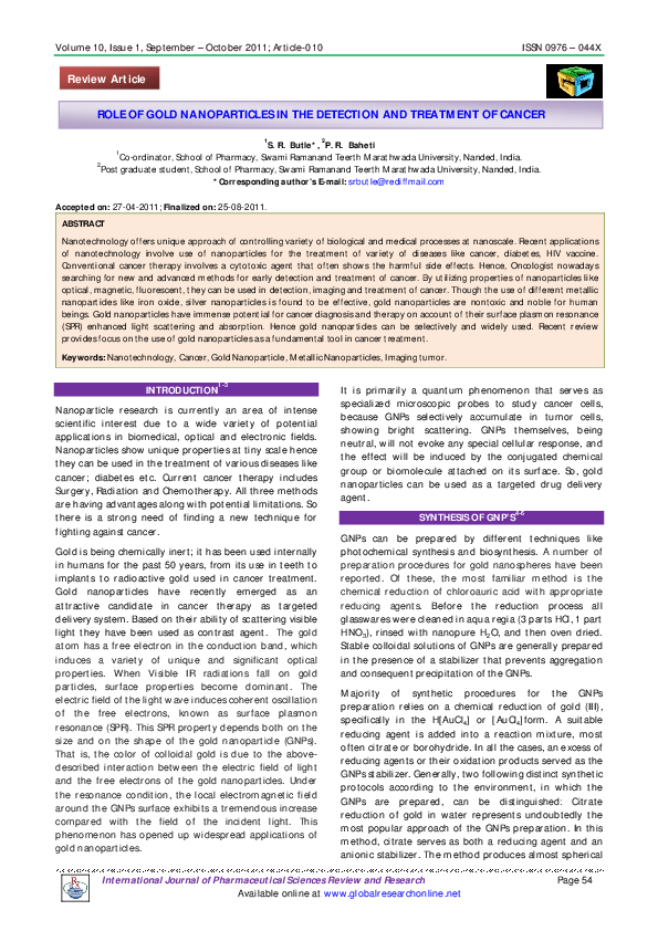 (PDF) Role of Gold Nanoparticles in the Detection and Treatment of Cancer