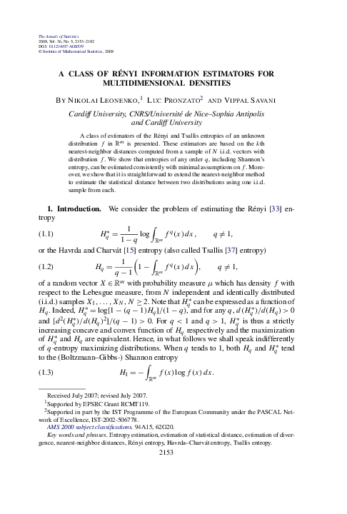 (PDF) A class of Rényi information estimators for multidimensional ...