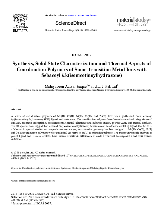 (PDF) Synthesis, solid state characterization and thermal behaviour of ...