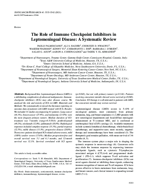 (PDF) The Role of Immune Checkpoint Inhibitors in Leptomeningeal ...