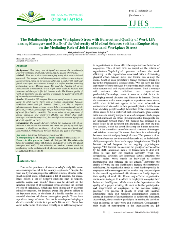 (PDF) The Relationship between Workplace Stress with Burnout and ...