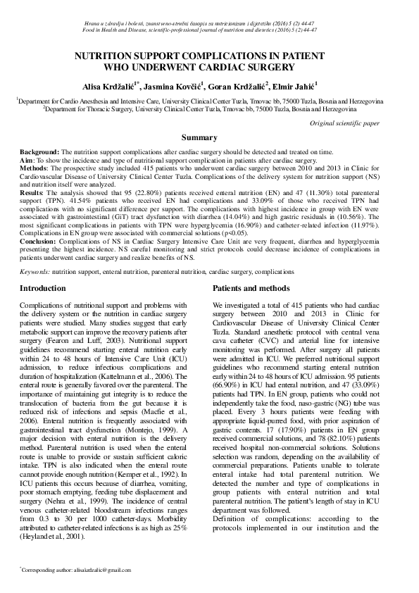 (PDF) Nutrition Support Complications in Patient Who Underwent Cardiac ...
