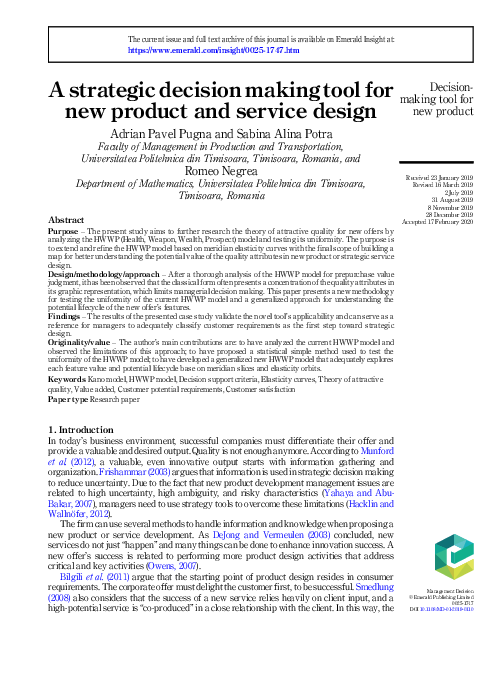 (PDF) A strategic decision making tool for new product and service design
