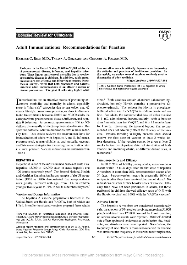 (PDF) Adult Immunizations: Recommendations for Practice