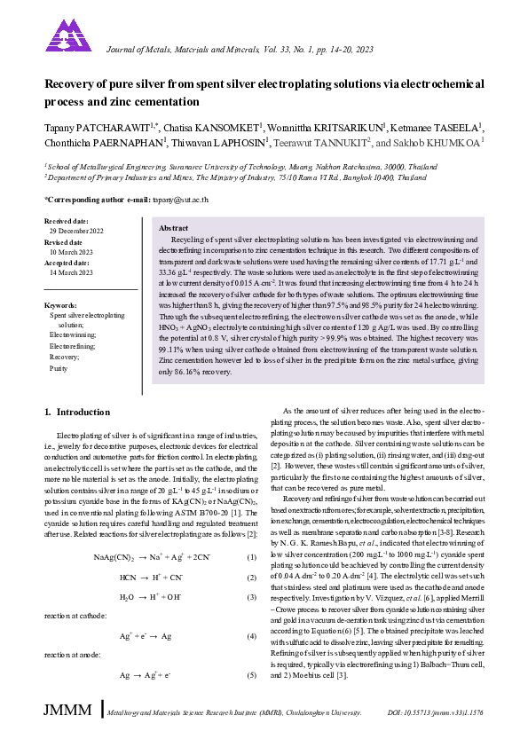 (PDF) Recovery of pure silver from spent silver electroplating ...