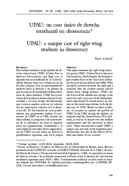 (PDF) UPAU: un caso único de derecha estudiantil en democracia