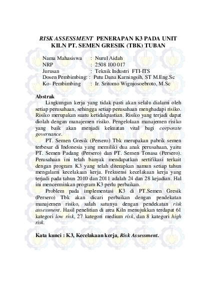 (PDF) Risk Assessment Penerapan K3 Pada Unit Kiln Pt. Semen Gresik (TBK ...