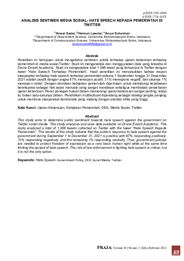(PDF) Sentiment Analysis on Social Media: Hate Speech to the Government ...