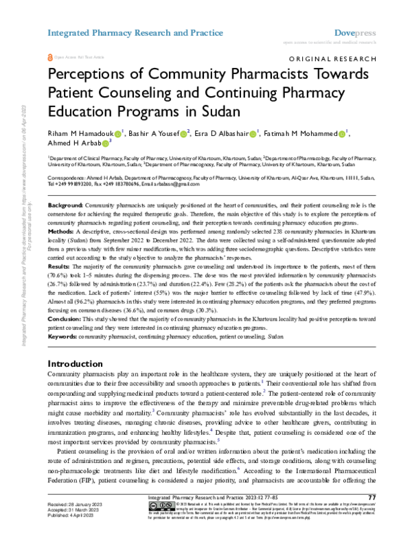 (PDF) Perceptions of Community Pharmacists Towards Patient Counseling ...
