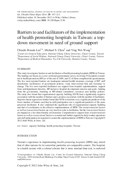 (PDF) Barriers to and facilitators of the implementation of health ...