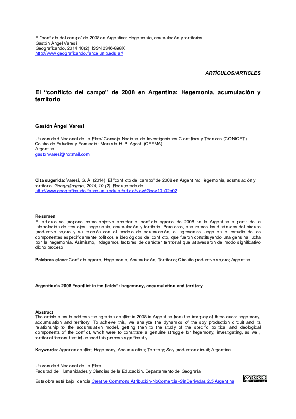 (PDF) El “conflicto del campo” de 2008 en Argentina: hegemonía ...