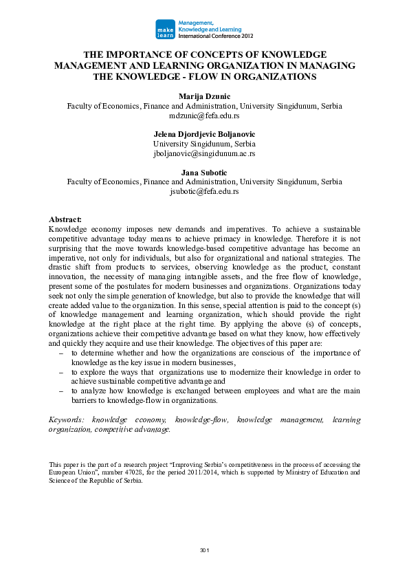 (PDF) The Importance of Concepts of Knowledge Management and Learning ...