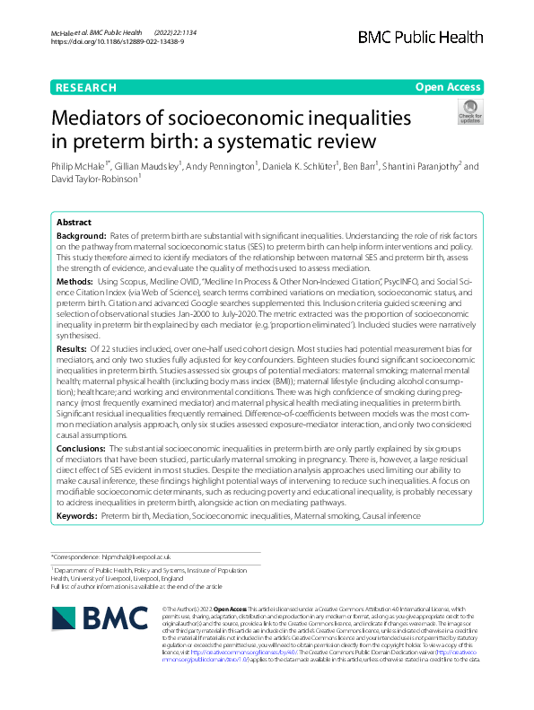 (PDF) Mediators of socioeconomic inequalities in preterm birth: a ...