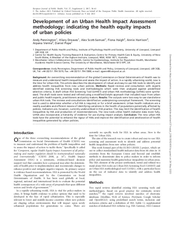 (PDF) Development of an Urban Health Impact Assessment methodology ...