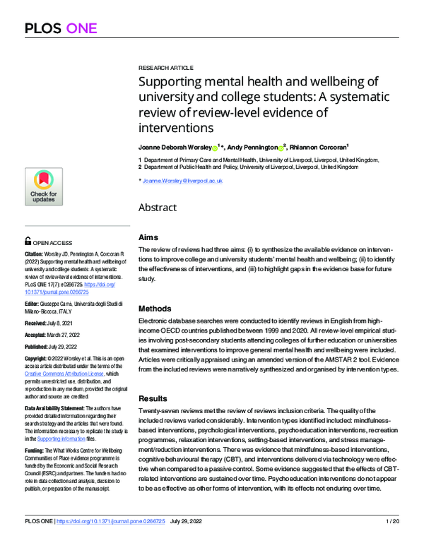 (PDF) Supporting mental health and wellbeing of university and college ...