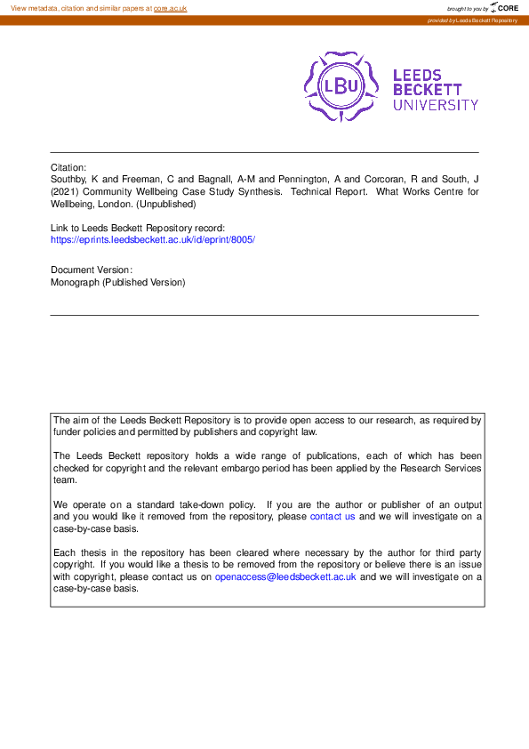 Pdf Community Wellbeing Case Study Synthesis