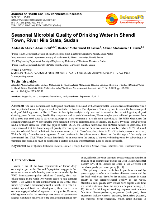 (PDF) Seasonal Microbial Quality of Drinking Water in Shendi Town ...