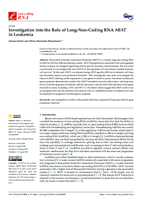 (PDF) Investigation into the Role of Long-Non-Coding RNA MIAT in Leukemia
