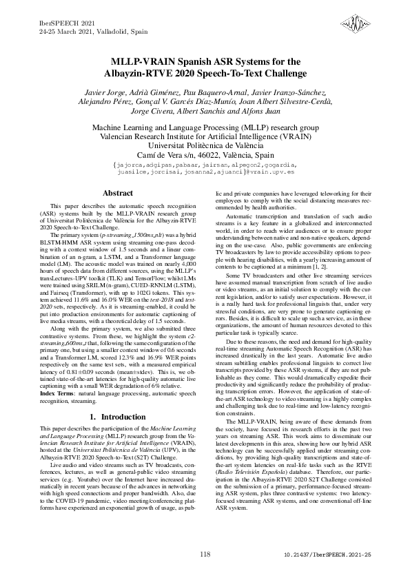 (PDF) MLLP-VRAIN Spanish ASR Systems for the Albayzin-RTVE 2020 Speech ...