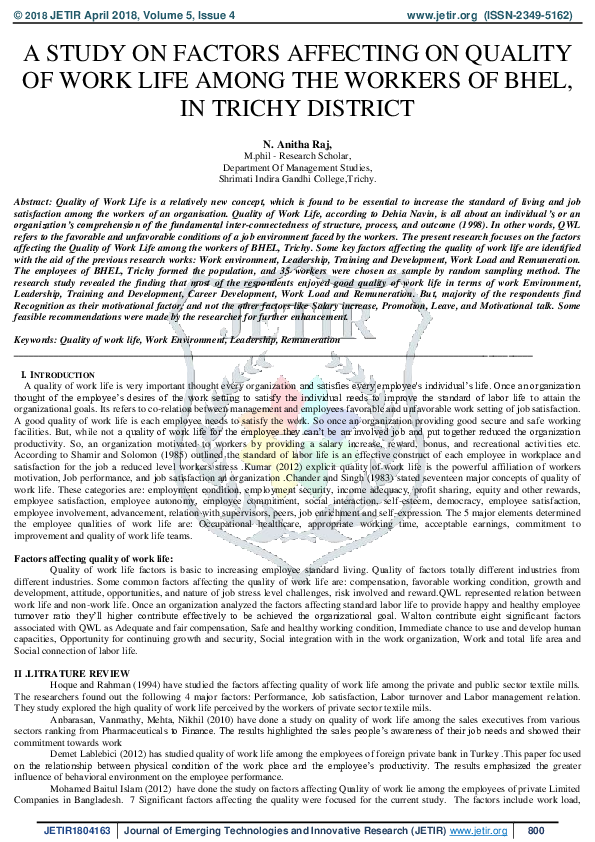 (PDF) A Study on factors affecting Quality of work life (With reference ...