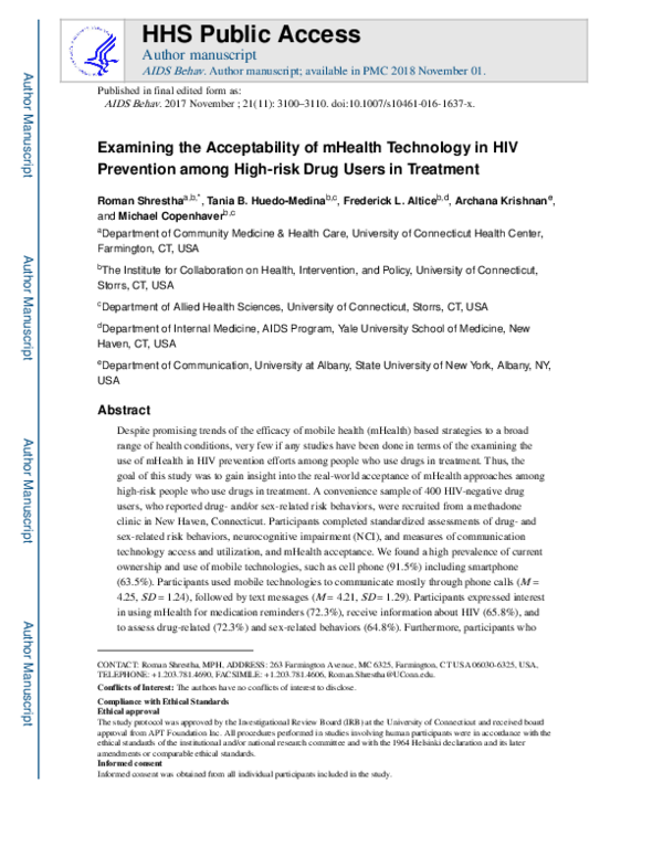 (PDF) Examining the Acceptability of mHealth Technology in HIV ...