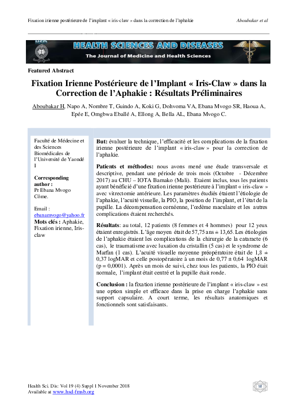 (PDF) Fixation Irienne Postérieure de l’Implant « Iris-Claw » dans la ...