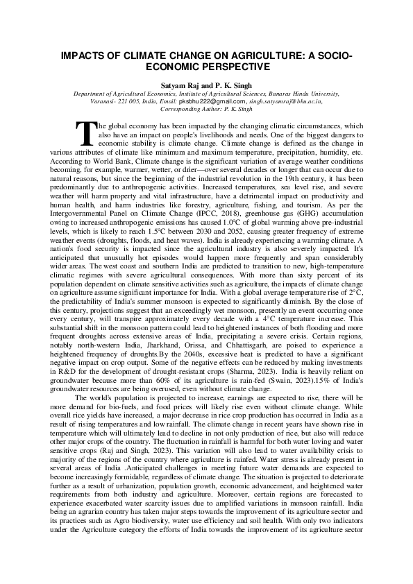 (PDF) IMPACTS OF CLIMATE CHANGE ON AGRICULTURE: A SOCIO-ECONOMIC ...